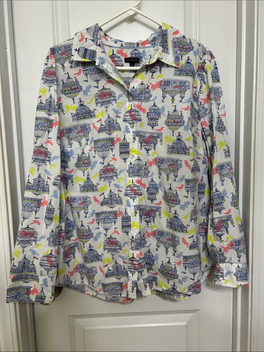 Talbots White Button-Down Shirt with Navy Birdcage Print and Pink & Lime Birds
